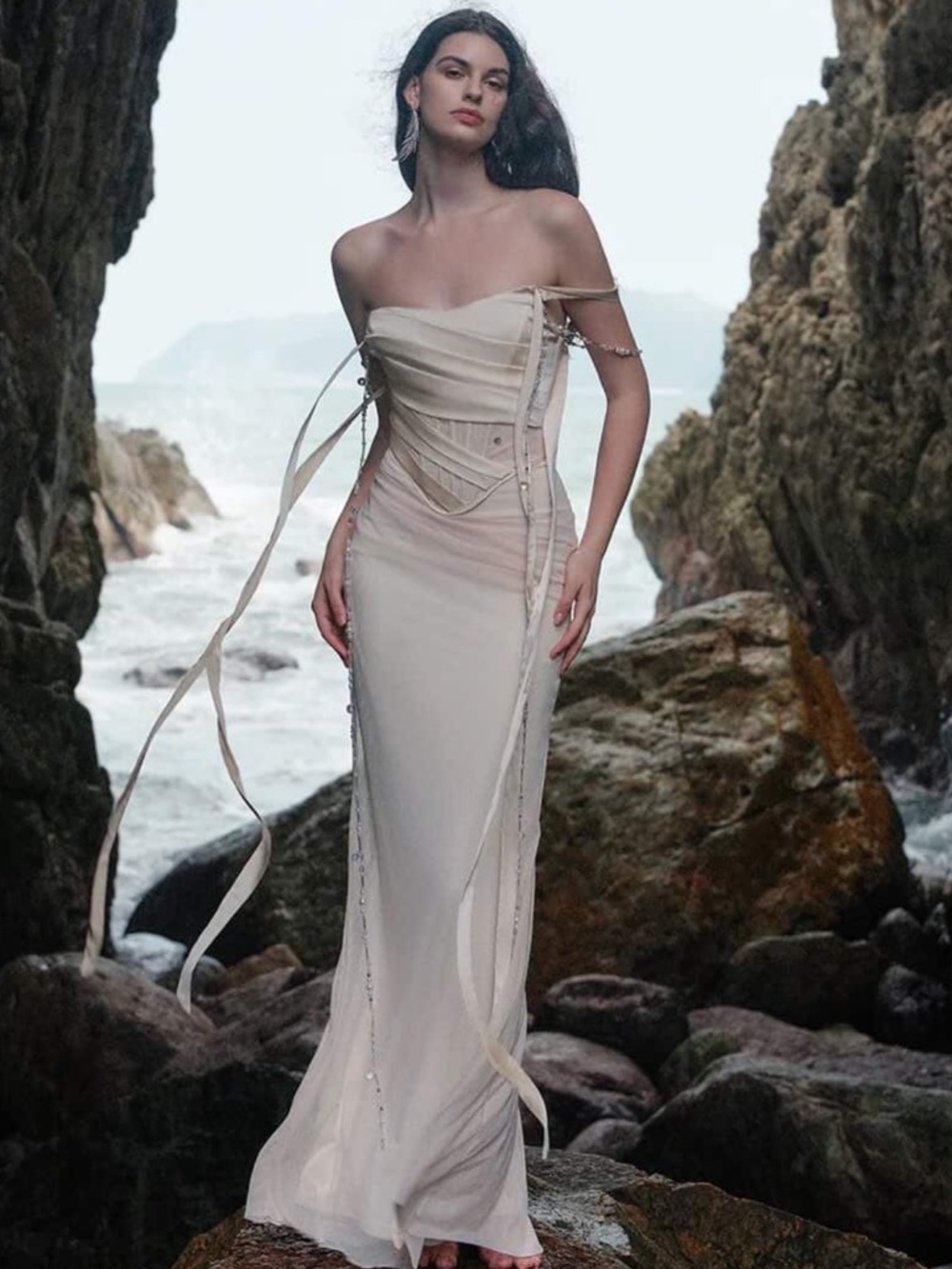 Strapless Cream Evening Gown with Draped Corset Detail